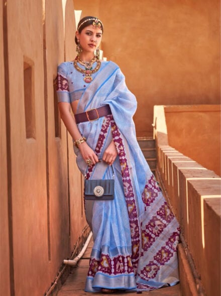 LIGHT BLUE EMBROIDERED COTTON SILK SAREE