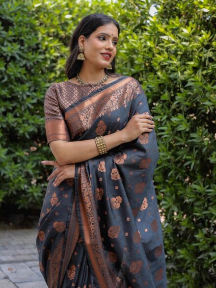 DARK GREY WEAVING WORK SOFT SILK SAREE