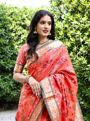 DARK PEACH ZARI WEAVING WORK SILK SAREE