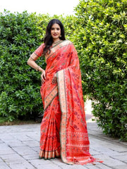 DARK PEACH ZARI WEAVING WORK SILK SAREE