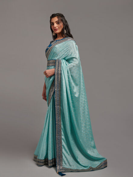 SKY BLUE ZARI EMBROIDERED CHINON SAREE