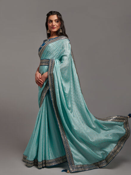 SKY BLUE ZARI EMBROIDERED CHINON SAREE