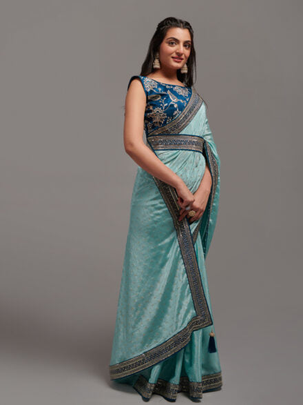 SKY BLUE ZARI EMBROIDERED CHINON SAREE