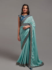 SKY BLUE ZARI EMBROIDERED CHINON SAREE