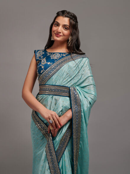 SKY BLUE ZARI EMBROIDERED CHINON SAREE