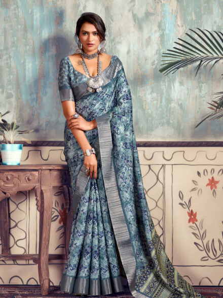 BLUE MULTICOLOURED GOTHA SILK SAREE