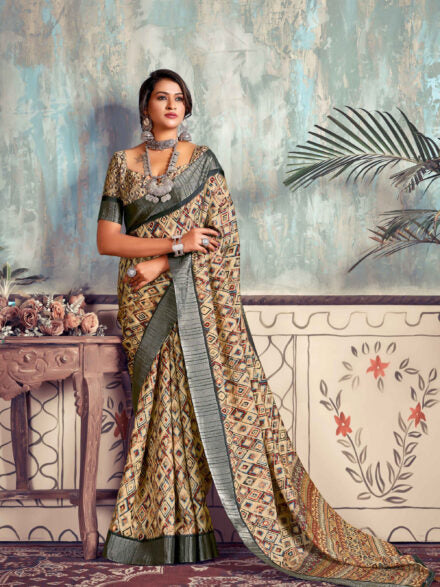 BROWN MULTICOLOURED GOTHA SILK SAREE