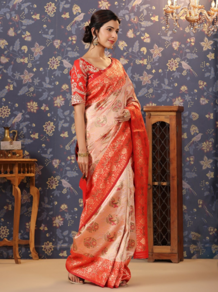 RED HAND EMBROIDERED BANARASI SILK SAREE