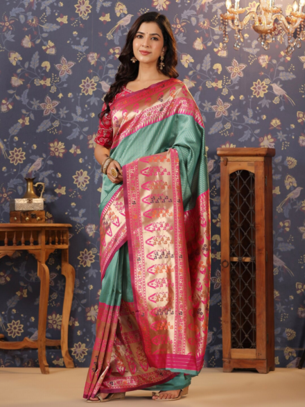 MINT GREEN HAND EMBROIDERED BANARASI SILK SAREE