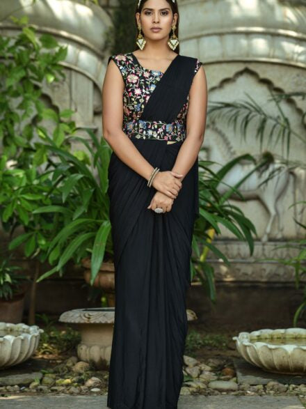 BLACK SEQUINS CODING WORK READY TO WEAR SILK SAREE