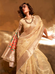 BEIGE HANDWOVEN TISSUE SAREE