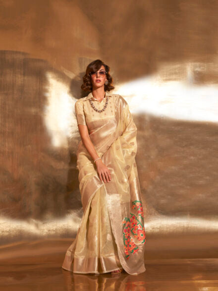 BEIGE HANDWOVEN TISSUE SAREE