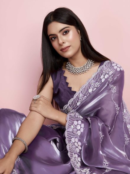 LAVENDER HAND EMBROIDERED PARTY WEAR SAREE