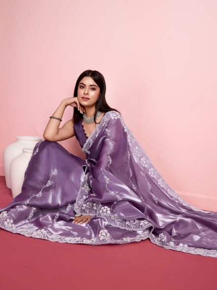 LAVENDER HAND EMBROIDERED PARTY WEAR SAREE