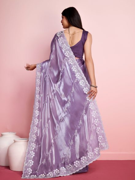 LAVENDER HAND EMBROIDERED PARTY WEAR SAREE