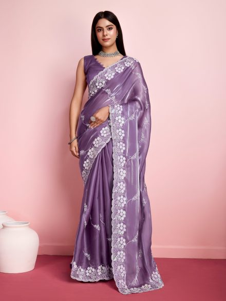 LAVENDER HAND EMBROIDERED PARTY WEAR SAREE