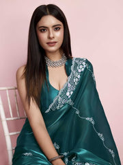 DARK GREEN HAND EMBROIDERED PARTY WEAR SAREE