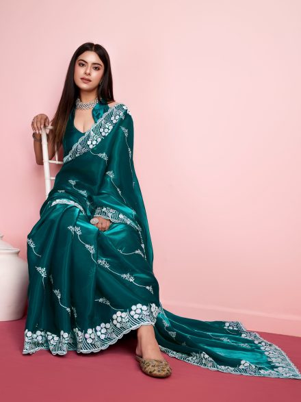 DARK GREEN HAND EMBROIDERED PARTY WEAR SAREE