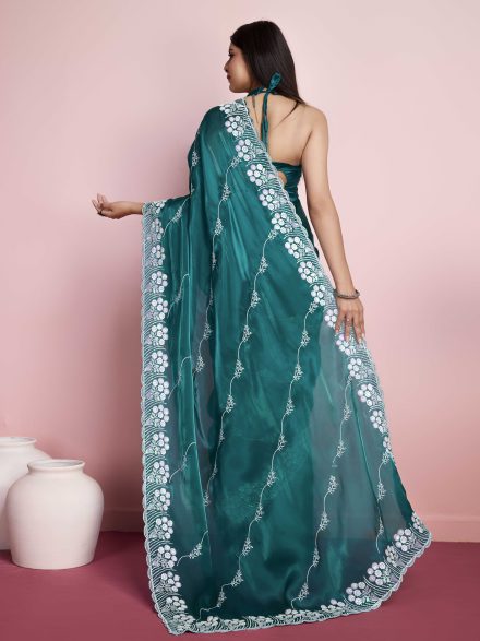 DARK GREEN HAND EMBROIDERED PARTY WEAR SAREE