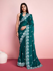 DARK GREEN HAND EMBROIDERED PARTY WEAR SAREE