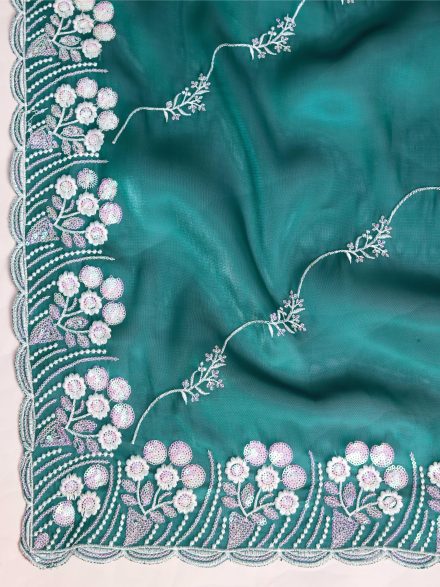 DARK GREEN HAND EMBROIDERED PARTY WEAR SAREE