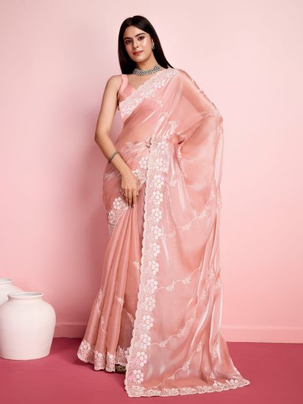 PEACH HAND EMBROIDERED PARTY WEAR SAREE