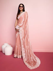 PEACH HAND EMBROIDERED PARTY WEAR SAREE