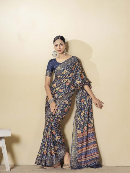 MULTICOLOURED NAVY BLUE HANDLOOM GOTA SILK SAREE