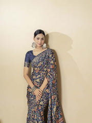 MULTICOLOURED NAVY BLUE HANDLOOM GOTA SILK SAREE