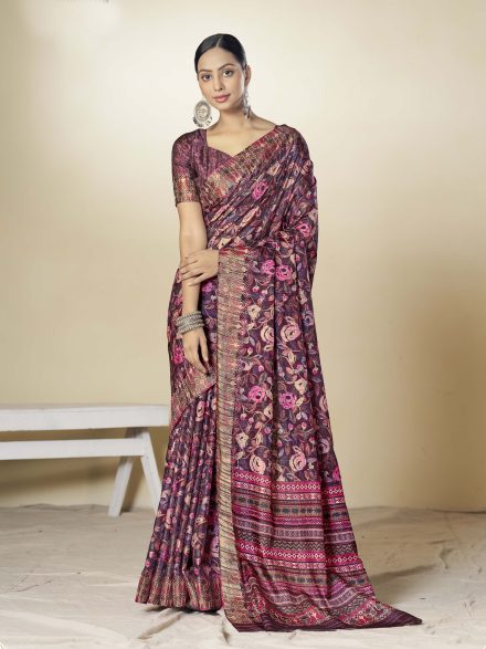 MULTICOLOURED DARK PURPLE HANDLOOM GOTA SILK SAREE