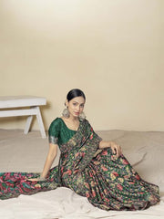 MULTICOLOURED GREEN HANDLOOM GOTA SILK SAREE