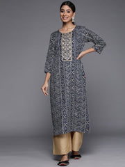 Women Navy Blue Bandhani Print Mirror Work Kurta