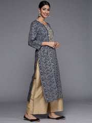 Women Navy Blue Bandhani Print Mirror Work Kurta