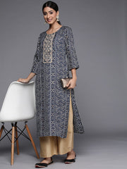 Women Navy Blue Bandhani Print Mirror Work Kurta