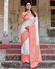 White Designer Weaving Jaquard Dola Silk