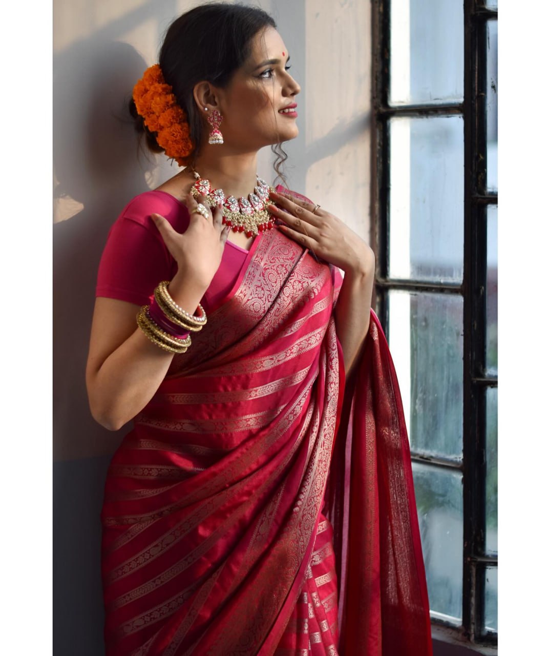 SILK THREADS WOVEN USING INTRICATE TECHNIQUES. SAREES WITH HEAVY BROCADE WORK AND GOLD  ZARI WORK ARE ITS MOST STRIKING FEATURES