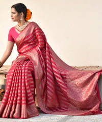 SILK THREADS WOVEN USING INTRICATE TECHNIQUES. SAREES WITH HEAVY BROCADE WORK AND GOLD  ZARI WORK ARE ITS MOST STRIKING FEATURES