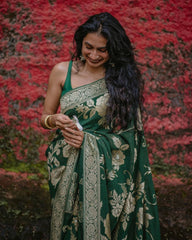 SILK THREADS WOVEN USING INTRICATE TECHNIQUES. SAREES WITH HEAVY BROCADE WORK AND GOLD  ZARI WORK ARE ITS MOST STRIKING FEATURES