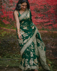 SILK THREADS WOVEN USING INTRICATE TECHNIQUES. SAREES WITH HEAVY BROCADE WORK AND GOLD  ZARI WORK ARE ITS MOST STRIKING FEATURES