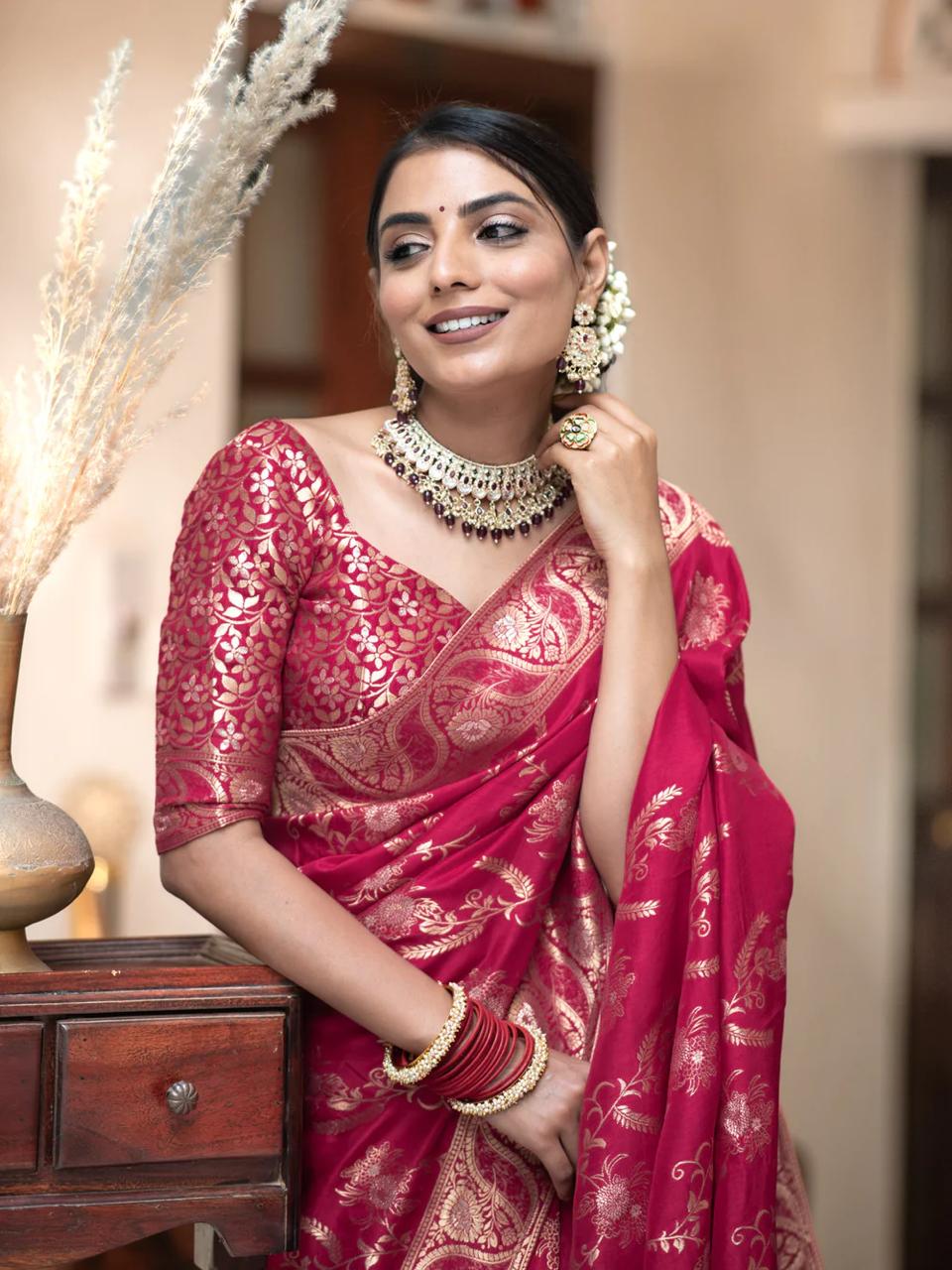 Pink Dola Silk Saree With Blouse