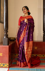 SILK THREADS WOVEN USING INTRICATE TECHNIQUES. SAREES WITH HEAVY BROCADE WORK AND GOLD  ZARI WORK ARE ITS MOST STRIKING FEATURES