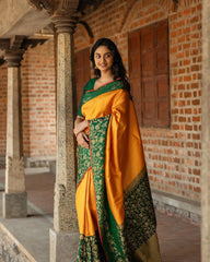 SILK THREADS WOVEN USING INTRICATE TECHNIQUES. SAREES WITH HEAVY BROCADE WORK AND GOLD  ZARI WORK ARE ITS MOST STRIKING FEATURES