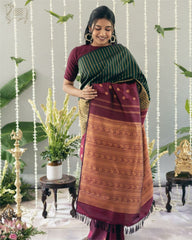 SILK THREADS WOVEN USING INTRICATE TECHNIQUES. SAREES WITH HEAVY BROCADE WORK AND GOLD  ZARI WORK ARE ITS MOST STRIKING FEATURES