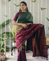 SILK THREADS WOVEN USING INTRICATE TECHNIQUES. SAREES WITH HEAVY BROCADE WORK AND GOLD  ZARI WORK ARE ITS MOST STRIKING FEATURES