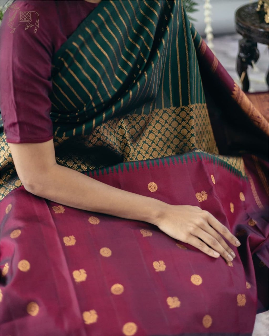 SILK THREADS WOVEN USING INTRICATE TECHNIQUES. SAREES WITH HEAVY BROCADE WORK AND GOLD  ZARI WORK ARE ITS MOST STRIKING FEATURES