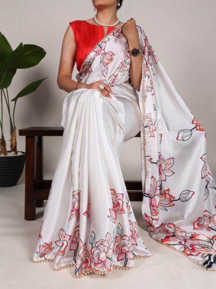 WHITE FLORAL PRINTED SATIN SILK SAREE