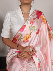 LIGHT PINK FLORAL PRINTED SATIN SILK SAREE