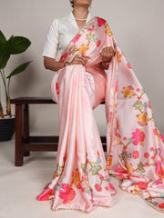 LIGHT PINK FLORAL PRINTED SATIN SILK SAREE