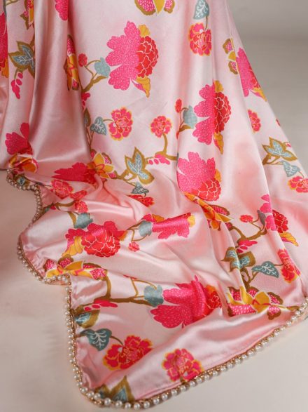 LIGHT PINK FLORAL PRINTED SATIN SILK SAREE