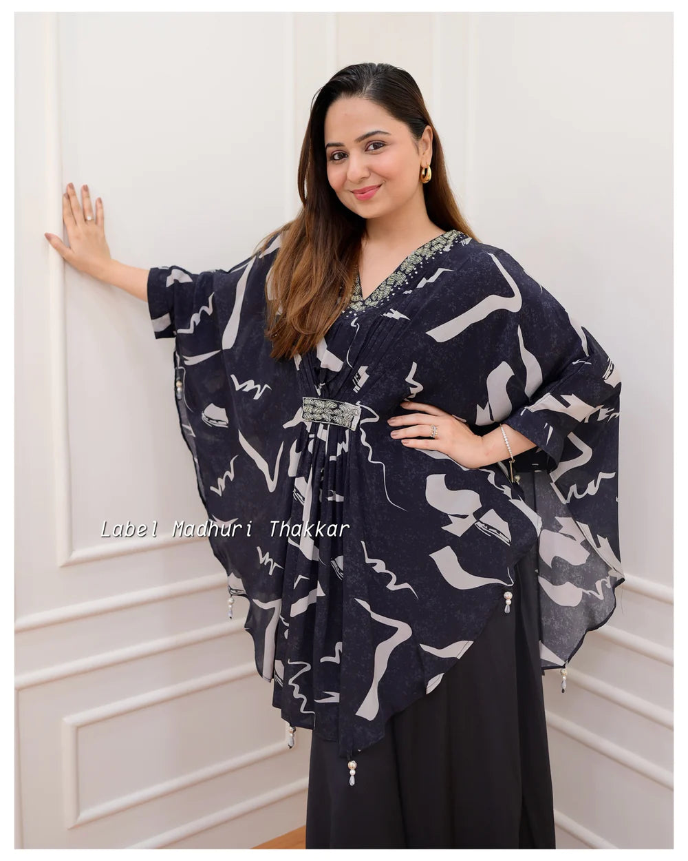 BLACK FLORAL CREPE KAFTAN SHARARA